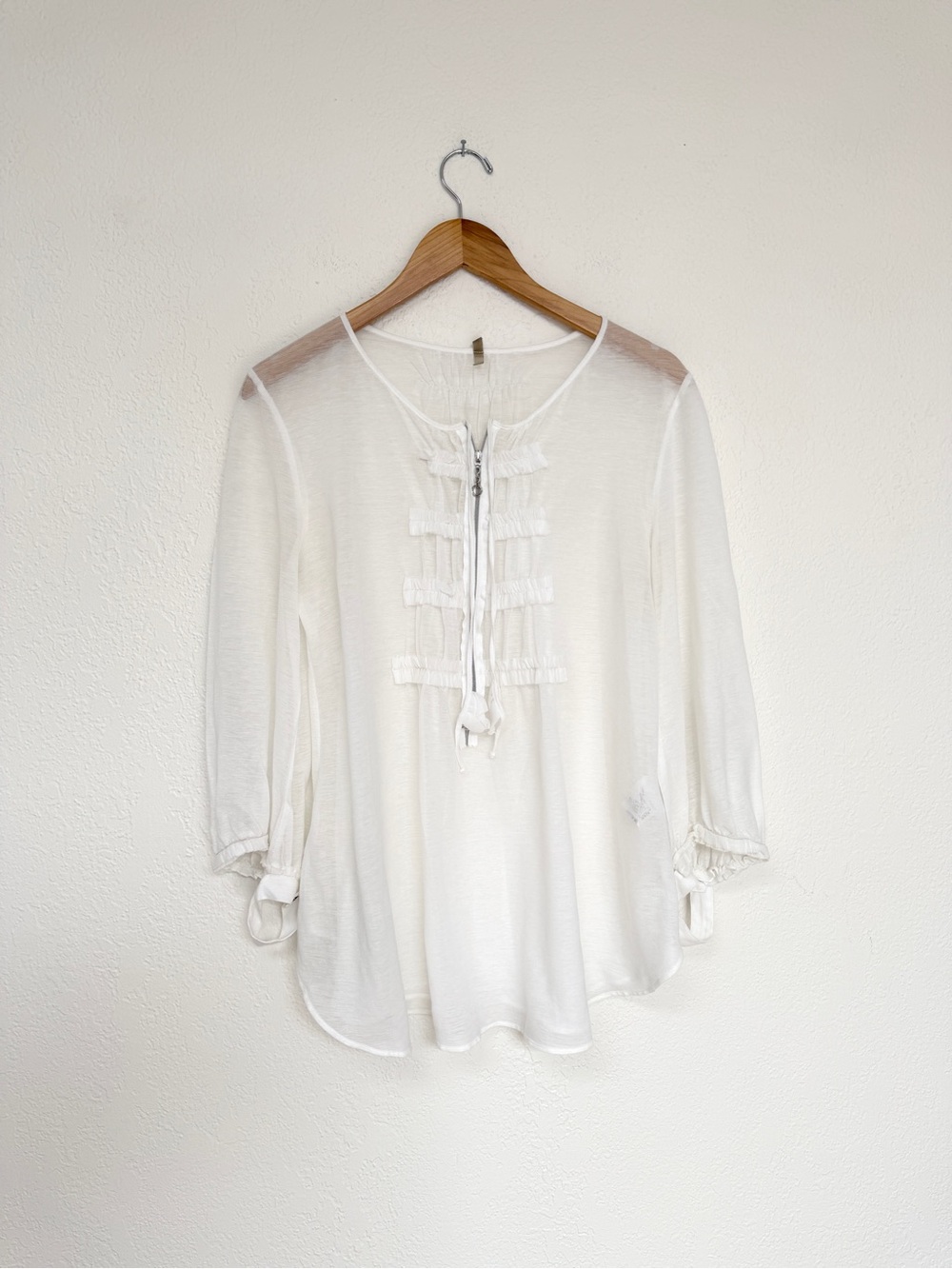 COP COPINE top white sheer peasant blouse with front tassel zip / size M